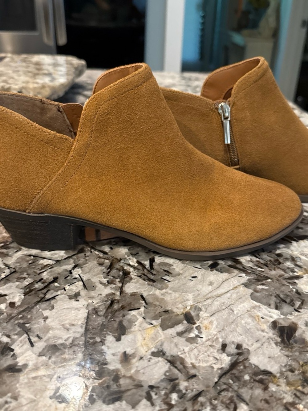 crown & ivy Mustard Suede Ankle Booties with Side Zip